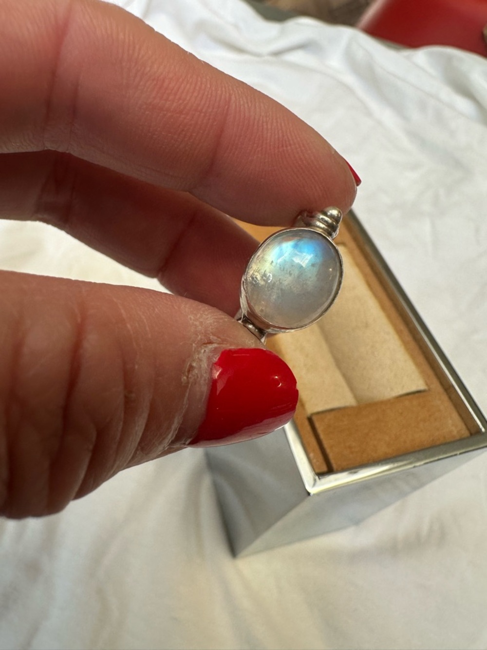 Silver Moonstone Oval Ring - Iridescent Blue Flash